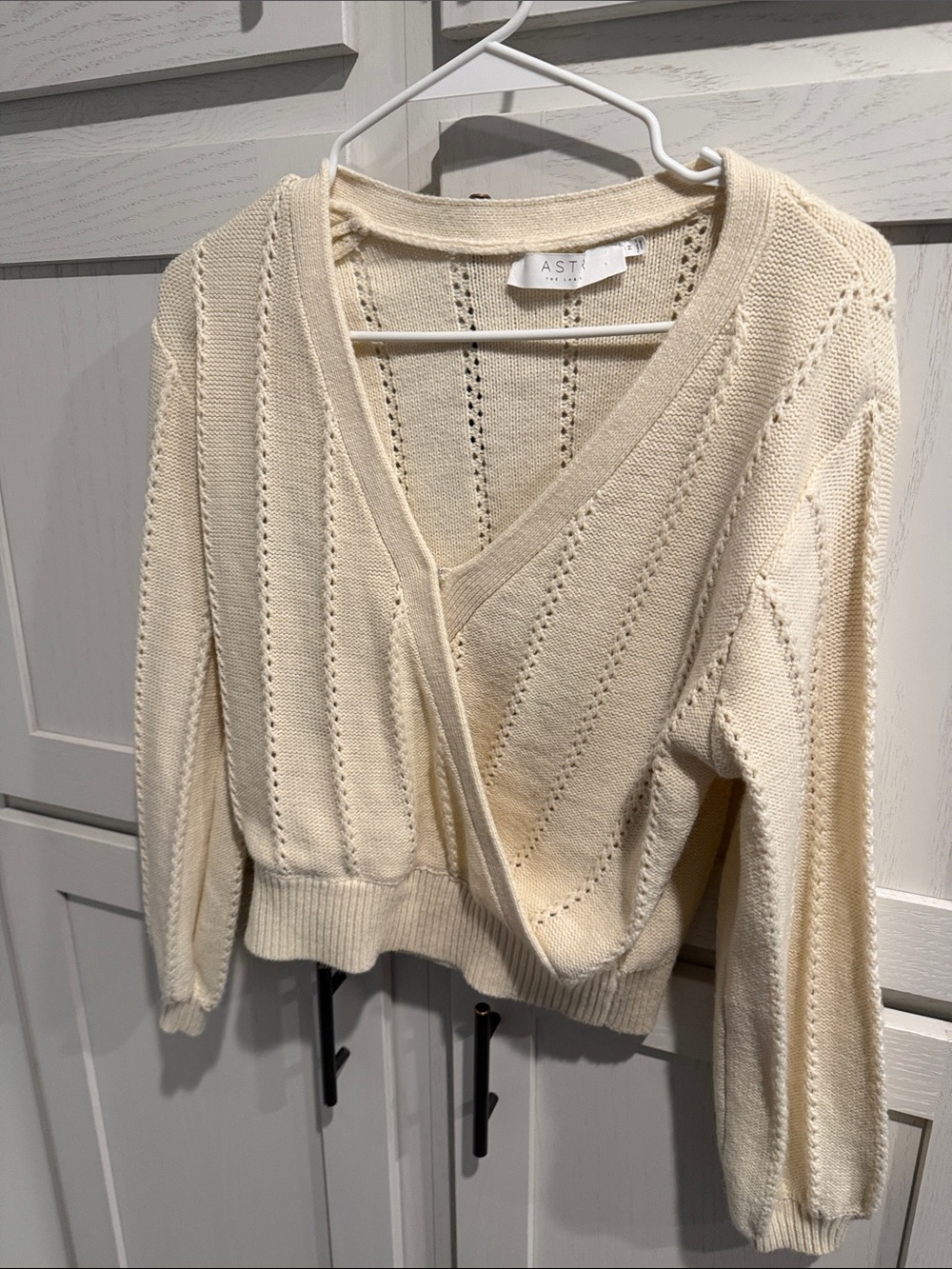 Astr Ivory Eyelet V-Neck Knit Sweater